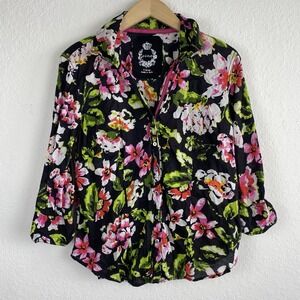 Cino XL Button Up Shirt Pink Floral 100% Cotton Work Office Boho 3/4 Sleeve